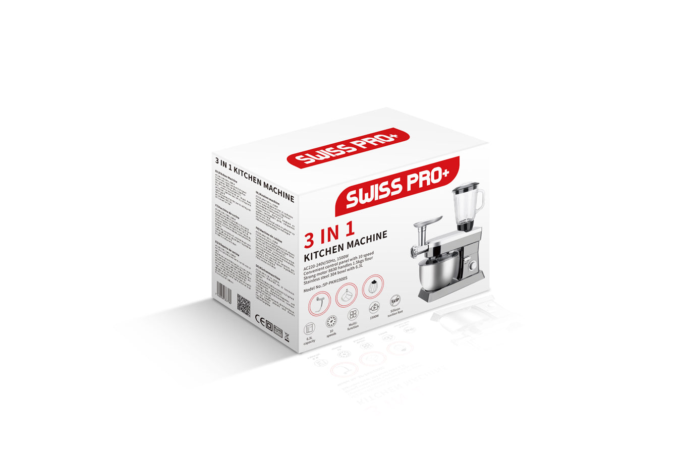 Food Processor 6.3L 1500W - Powerful 3-in-1 - Blender, Meat Grinder, Mix - Silver - SP-PKM1900S