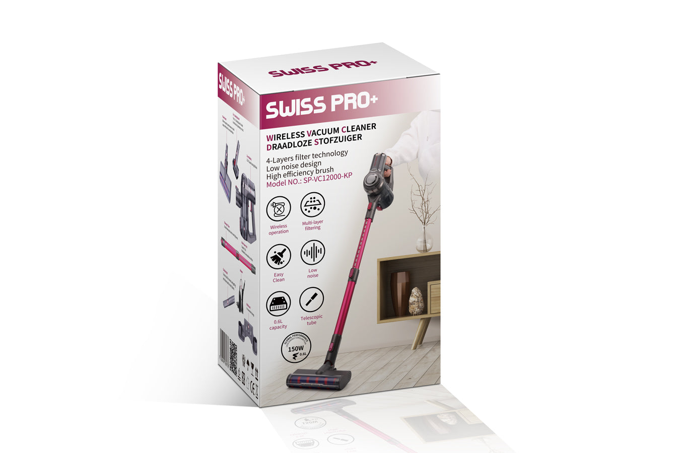 Vacuum Cleaner - Wireless Battery - 4-Layer Filter System - 1500 W Cordless - Pink - 0.6 L - SP-VC12000-KP