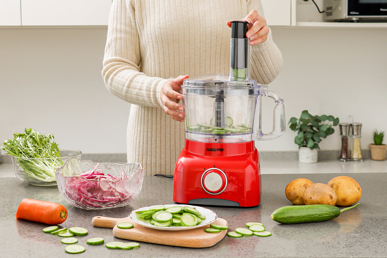 Food Processor 13 Pieces - Kitchen Mixer - Vegetable Cutter Electric - Food Processor - Plastic - Red - 1.2 L - 800 W - SP-FOOD600.8R
