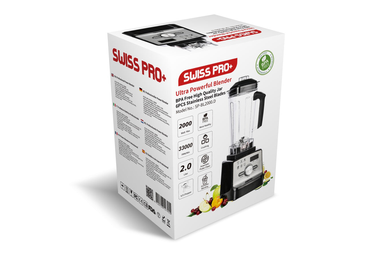 Professional Blender - Stainless Steel - 2 Liters - Powerful Smoothie Maker and Ice Crusher - 2000W - 9 Speeds - 6 Functions - Digital - Black - SP-BL2000.D