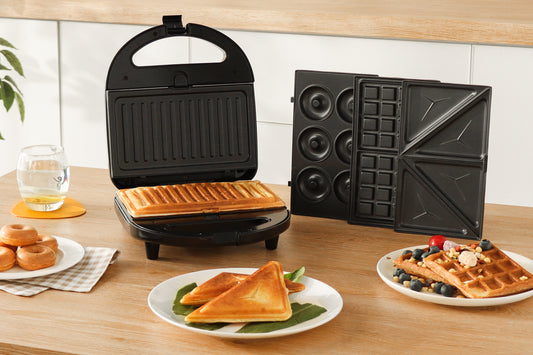 Sandwich Maker 4-in-1 - Toaster, Waffle Iron, Contact Grill, Doughnut Maker -Black - Stainless Steel - 750W - SP-SW750.4