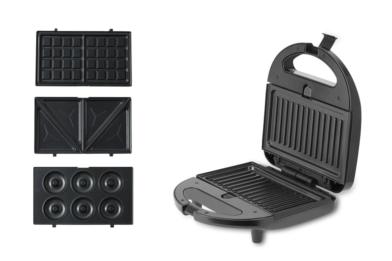 Sandwich Maker 4-in-1 - Toaster, Waffle Iron, Contact Grill, Doughnut Maker -Black - Stainless Steel - 750W - SP-SW750.4